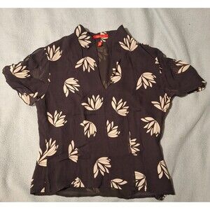 Anne Klein-Women 8 Silk Blouse-Black White Side Zip-Tie Slit Sleeves